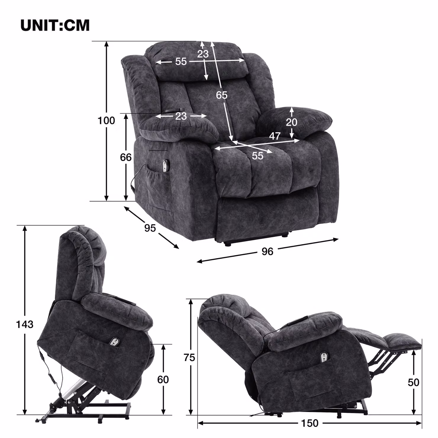Aosom UK Grey Velvet Power Lift Recliner Massage Chair with Heat and Vibration, W/D/H: 96 x 95 x 100 cm – 3