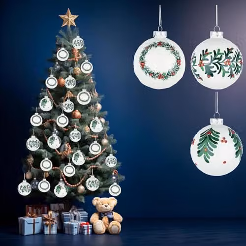 Shatchi 12-Piece Set of Glass Christmas Baubles in White, Green and Red with Assorted Holly, Greenery and Abstract Designs, Diameter: 8 cm – 3