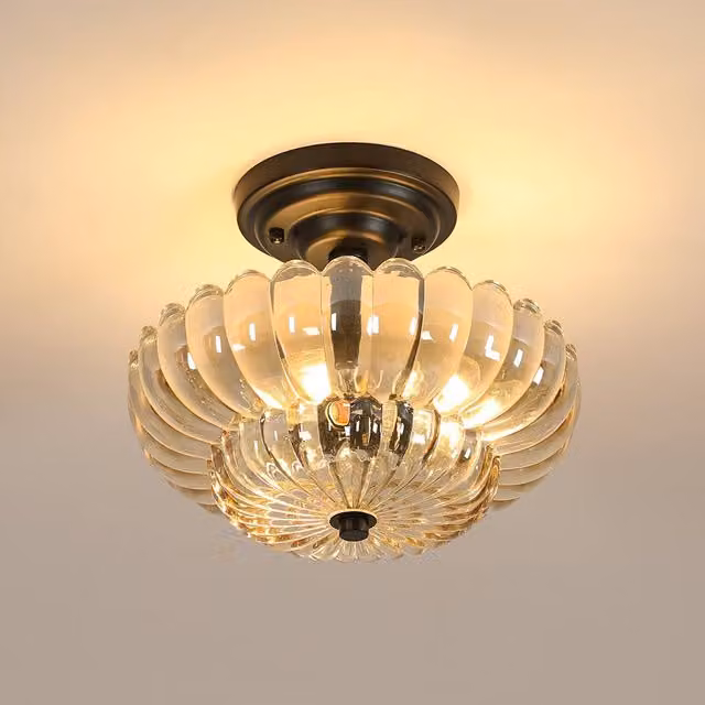 Pheashine Modern Amber Glass and Black Metal Flush Ceiling Light, 3 x E27