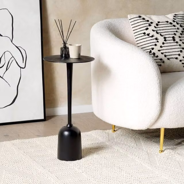 Wyld and Coco Black Metal Round Side Table, Geometric Modern End Table, H 60 x W 30 x D 30 cm