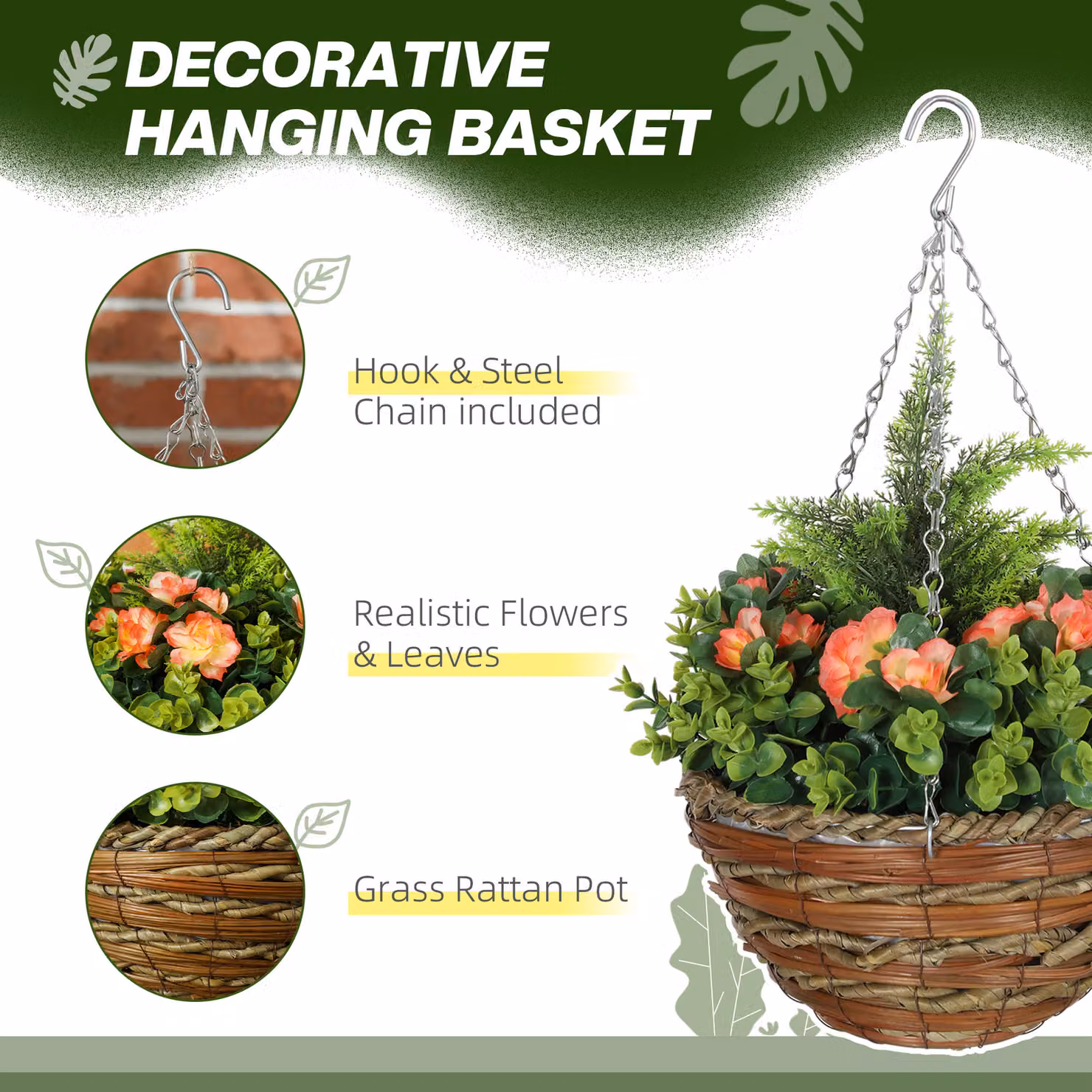 Outsunny Pack of 2 Orange Artificial Lisianthus Flowers Hanging Planters with Baskets for Indoor and Outdoor Decoration – 3