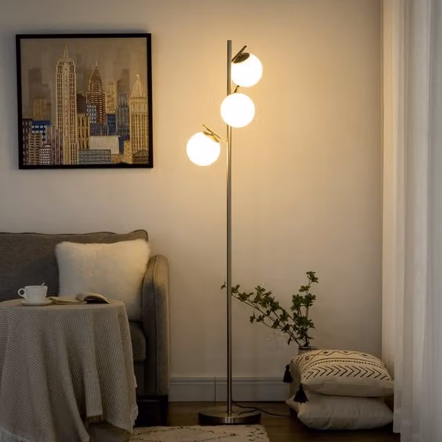 HOMCOM Modern Tree Floor Lamp with 3 White Glass Sphere Lights in Silver – 1