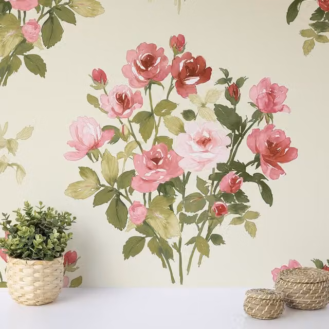 Wallquest Floral Rose Bouquet Wallpaper in Red and Pink
