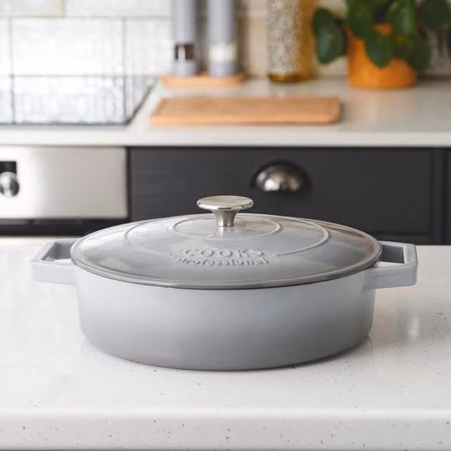 Cooks Professional Enamelled Cast Iron Casserole Dish, Grey, 28 cm