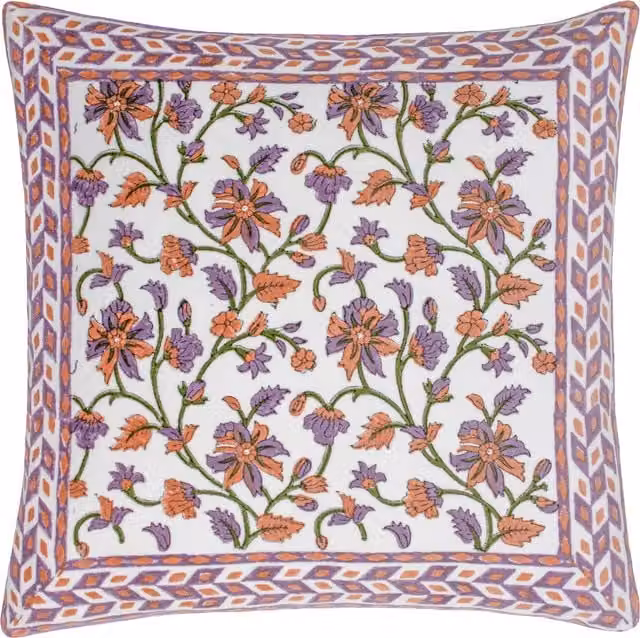 Make it a Home Mentera Floral Velvet Cushion in Lilac, Coral, Orange and White with Feather Filling