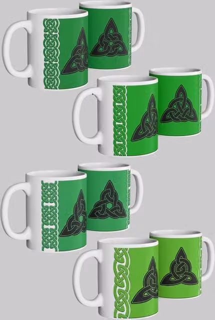 Simply Stunning Mugs Celtic Trinity Knot 4-Piece Ceramic Mug Set in White, Green and Black – 1