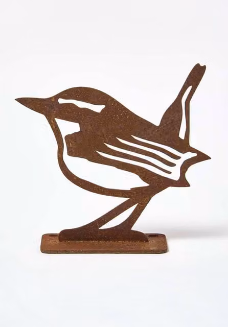 Homescapes Rustic Metal Eurasian Wren Garden Fence Topper in Brown