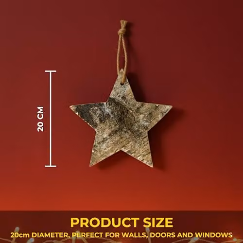 SHATCHI Star Shape Birch Bark Wooden Hanging Christmas Wreath in White and Brown, Diameter: 20 cm – 3