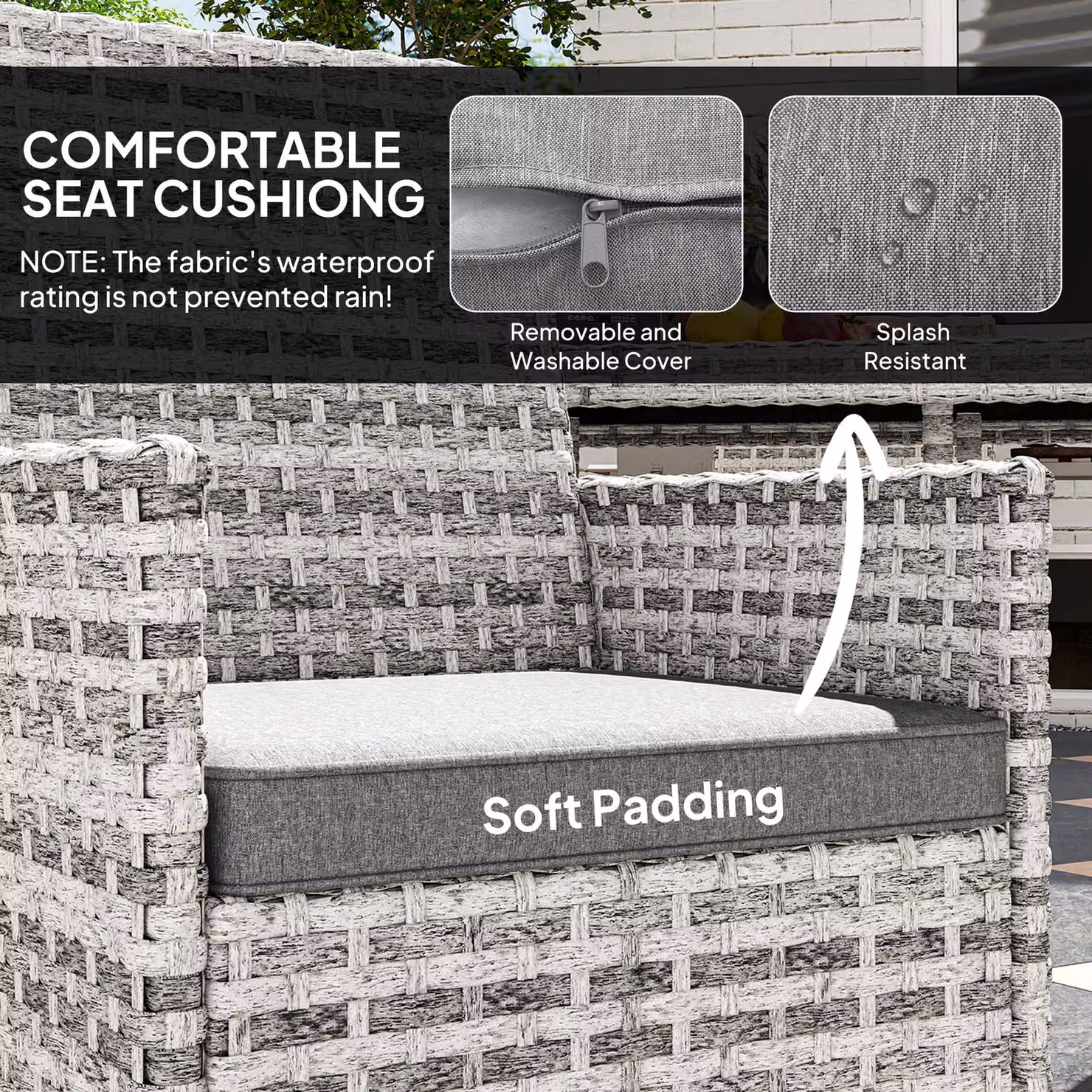 Outsunny Rattan Garden Furniture Set in Mixed-Grey with 4 Armchairs, Square Tempered Glass Top Dining Table and Weather-Resistant Cushions – 3