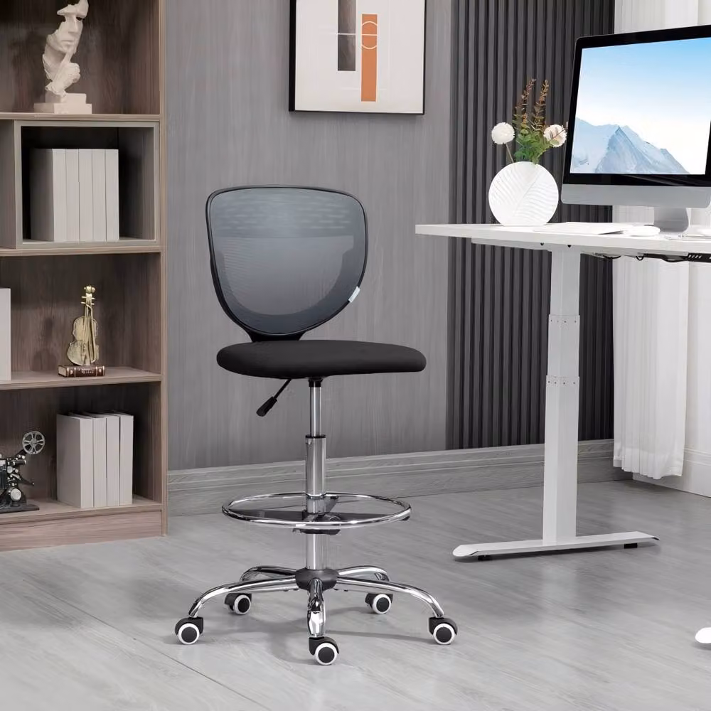 STILVORA Grey Fabric Draughtsman Chair with Adjustable Foot Ring and 360 Degree Swivel, H 88 x W 68 x D 45 cm – 3