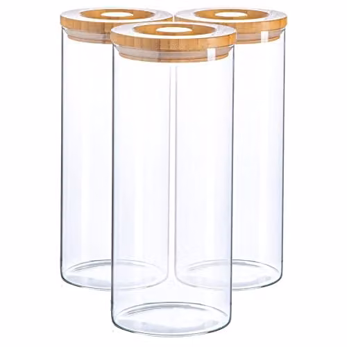Argon Tableware Scandi Airtight Glass Storage Jars with Wooden Lids, 1.5 l, 3 Pack, Transparent