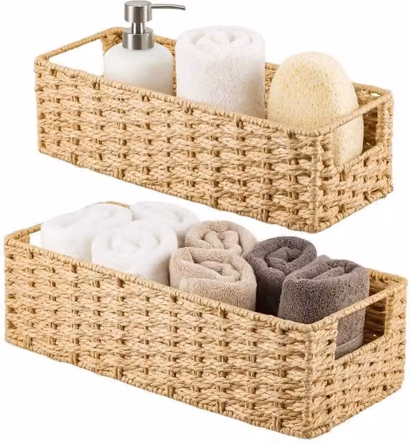 Havendro Stackable Open Weave Seagrass Bathroom Organizer Baskets in Beige and Sand