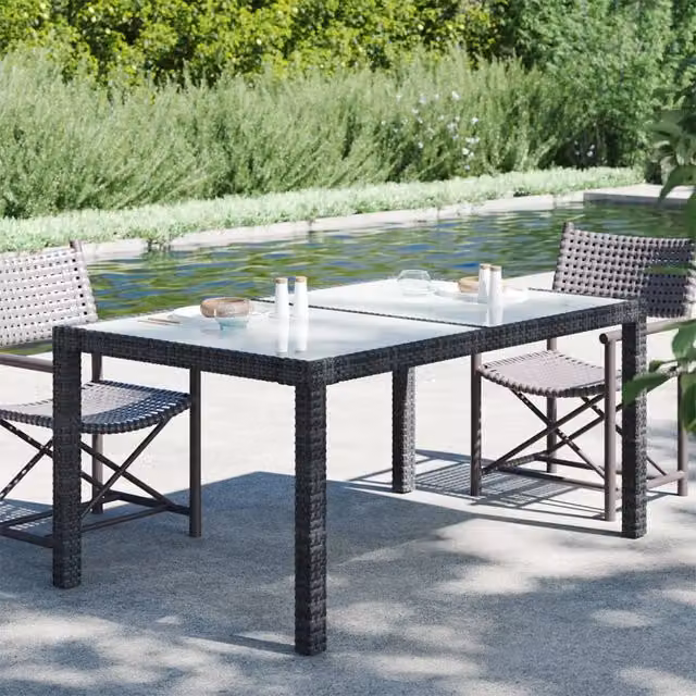 Berkfield Home Garden Table in Black with Tempered Glass and Poly Rattan, W/D/H: 150 x 90 x 75 cm