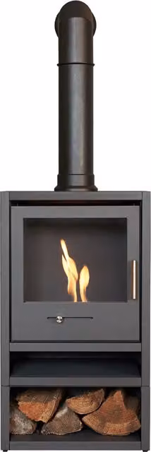 OKO S1 Bio Ethanol Stove with Log Storage in Anthracite Grey and Tall Angled Black Stove Pipe