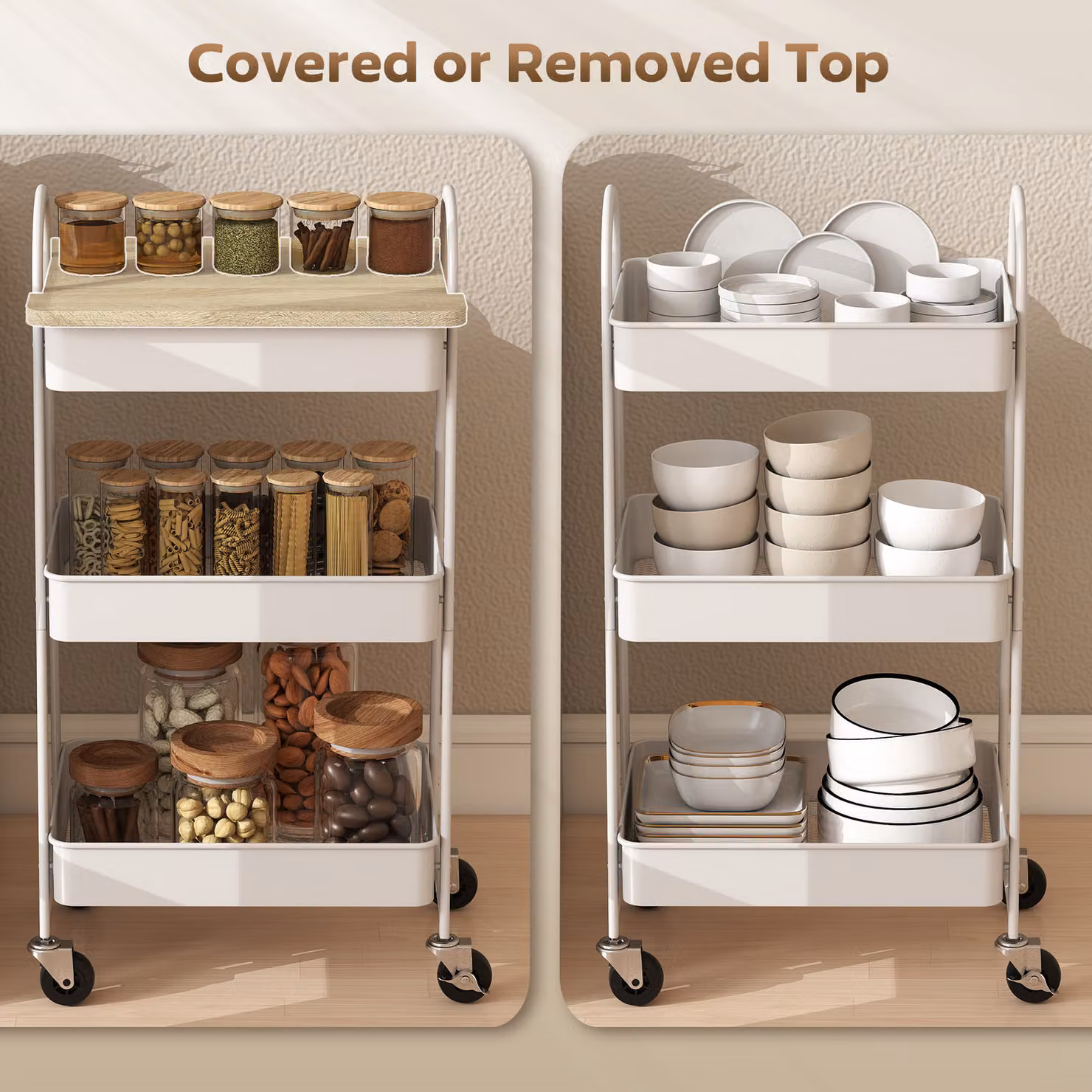HOMCOM 3-Tier Kitchen Storage Trolley with Wheels and Cover Top Board in White and Oak – 3