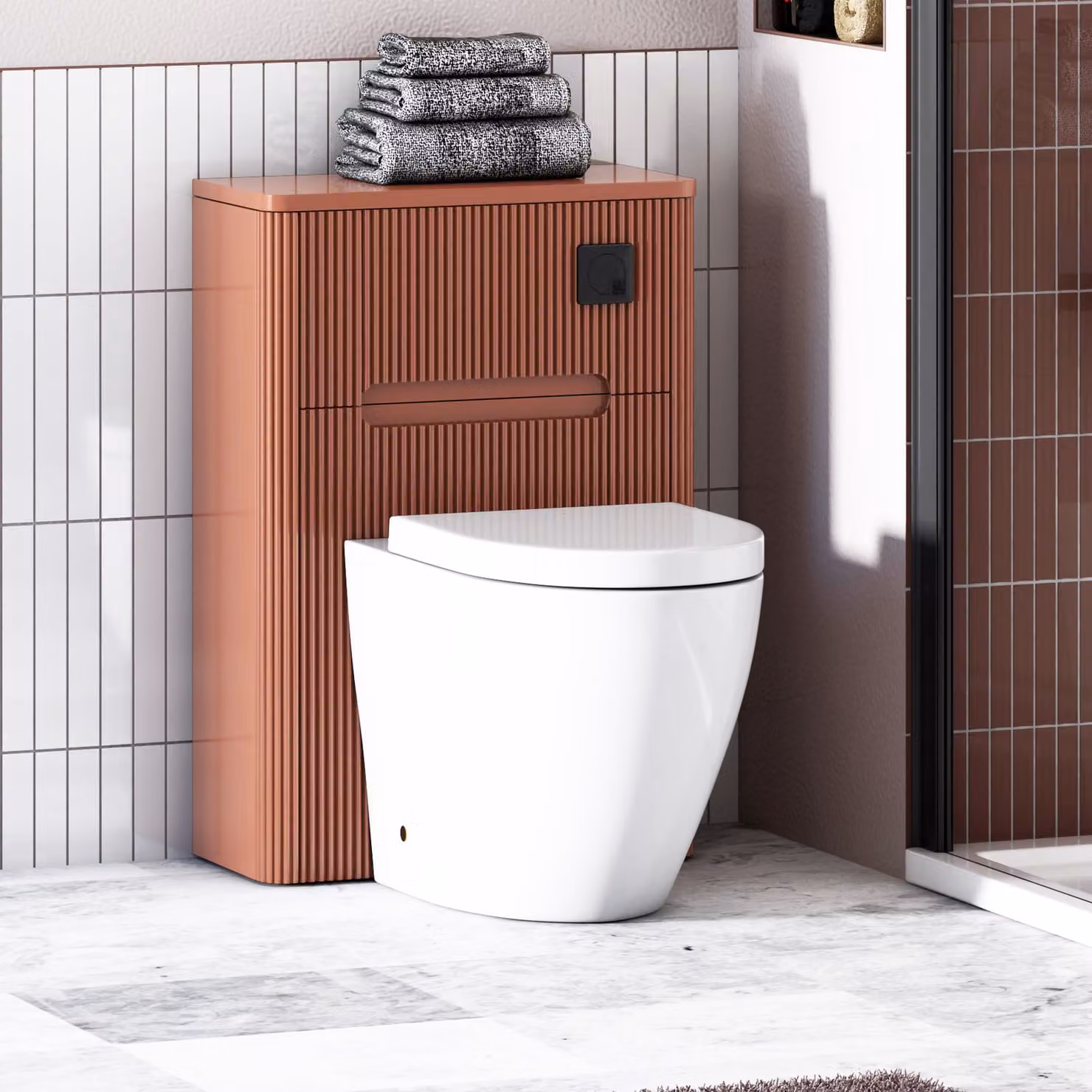 Avenza Terracotta Clay Ceramic Wall Mounted WC Unit with Elva Rimless Toilet Pan, Soft Close Seat and Cistern, Width: 55 cm, White