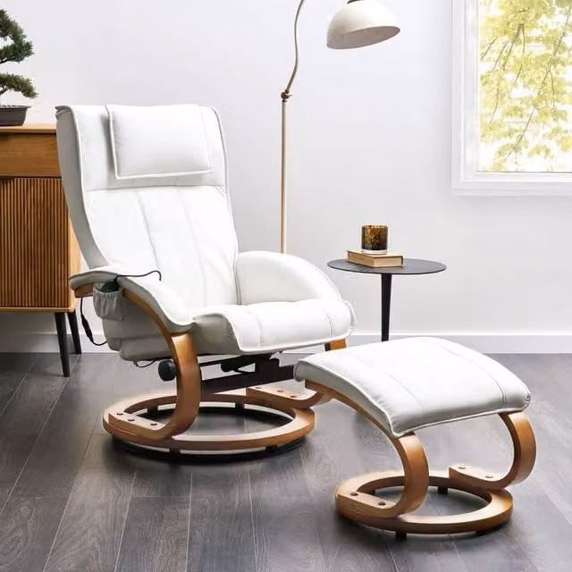 Wyld and Coco Retro Recliner Armchair in White Faux Leather with Ottoman