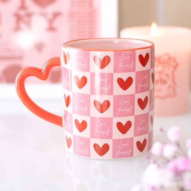 Uniqueful Women's Love Yourself Checkered Mug with Heart Handle in Pink, 350 ml