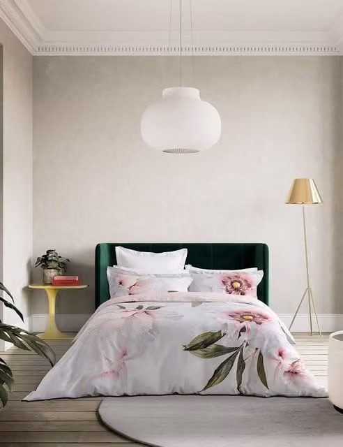 Ted Baker Peony Floral Mako Sateen Cotton Bedding Set, Grey and White, W: 200 cm