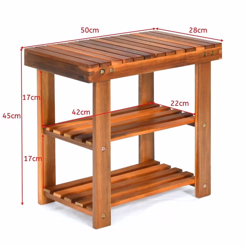 Havendro 3 Tier Acacia Wood Shoe Rack with Bench in Brown, W/D/H: 50 x 28 x 45 cm – 2