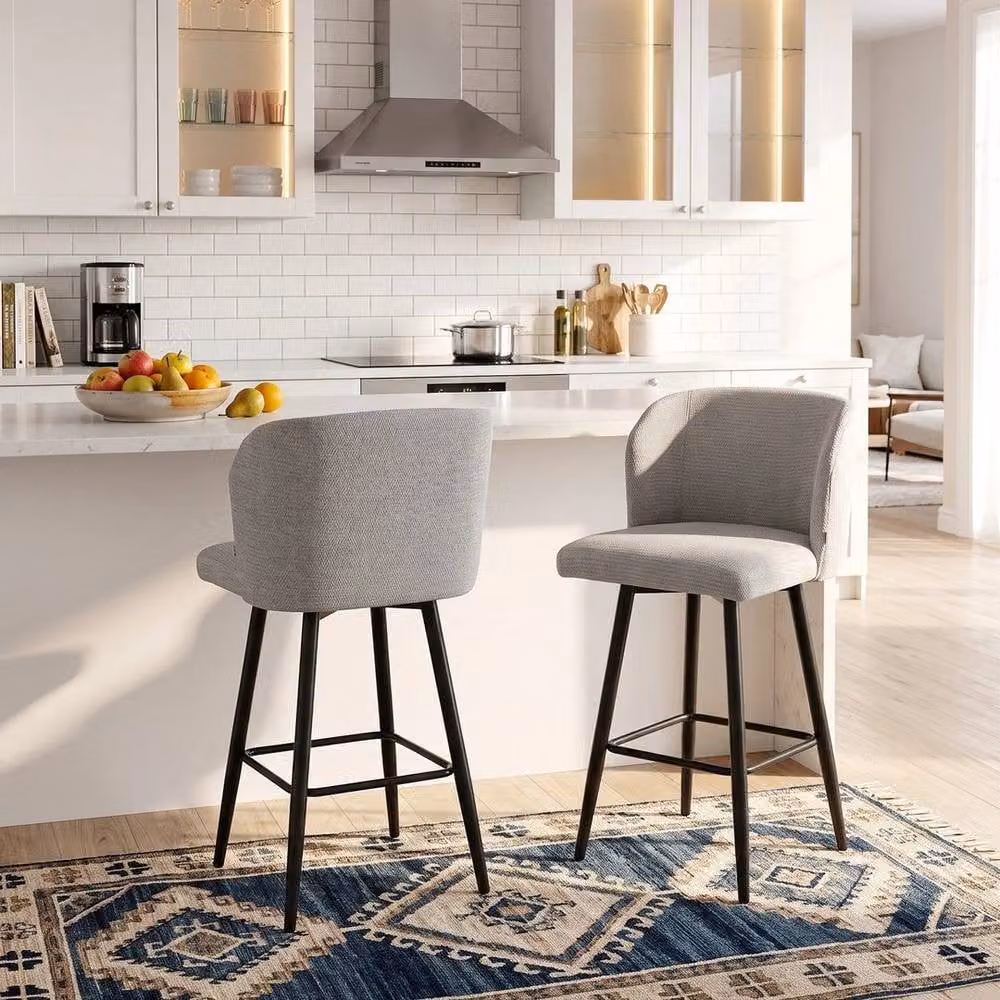 KORVIXA Set of 2 Grey Chenille Bar Stools with Backrest and Metal Legs – 3