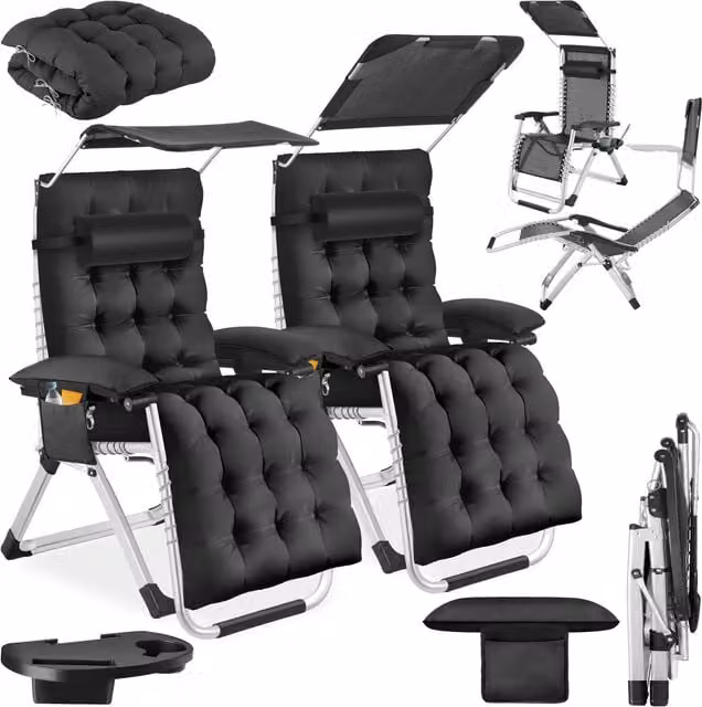 tectake Black Folding Sun Lounger with Sun Canopy, Adjustable Headrest, Armrests and Side Tray