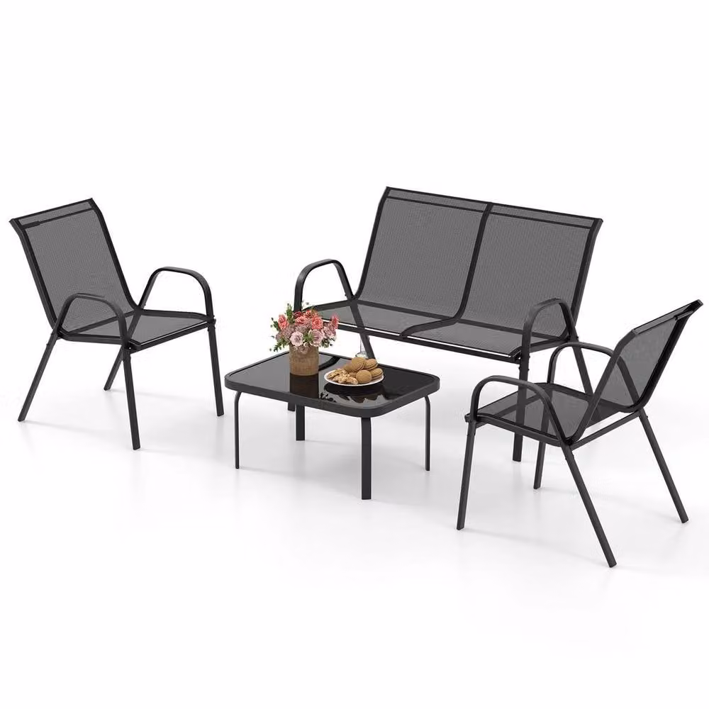 Hinsinc Black 4-Piece Metal and Glass Patio Table and Chairs Set – 6