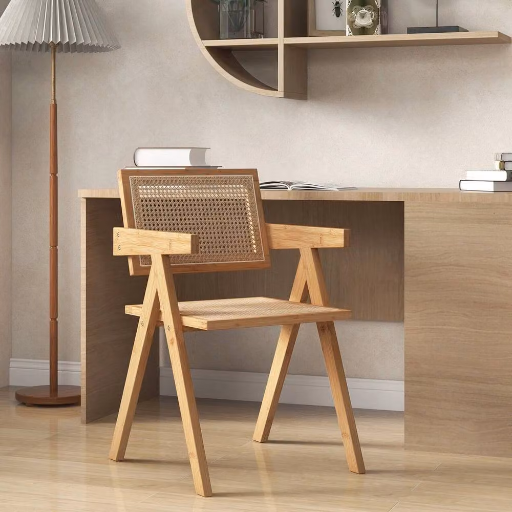 VOGREX Set of 2 Modern Mid-Century Rattan and Bamboo Dining Accent Chairs with Armrests in Beige and Brown – 2