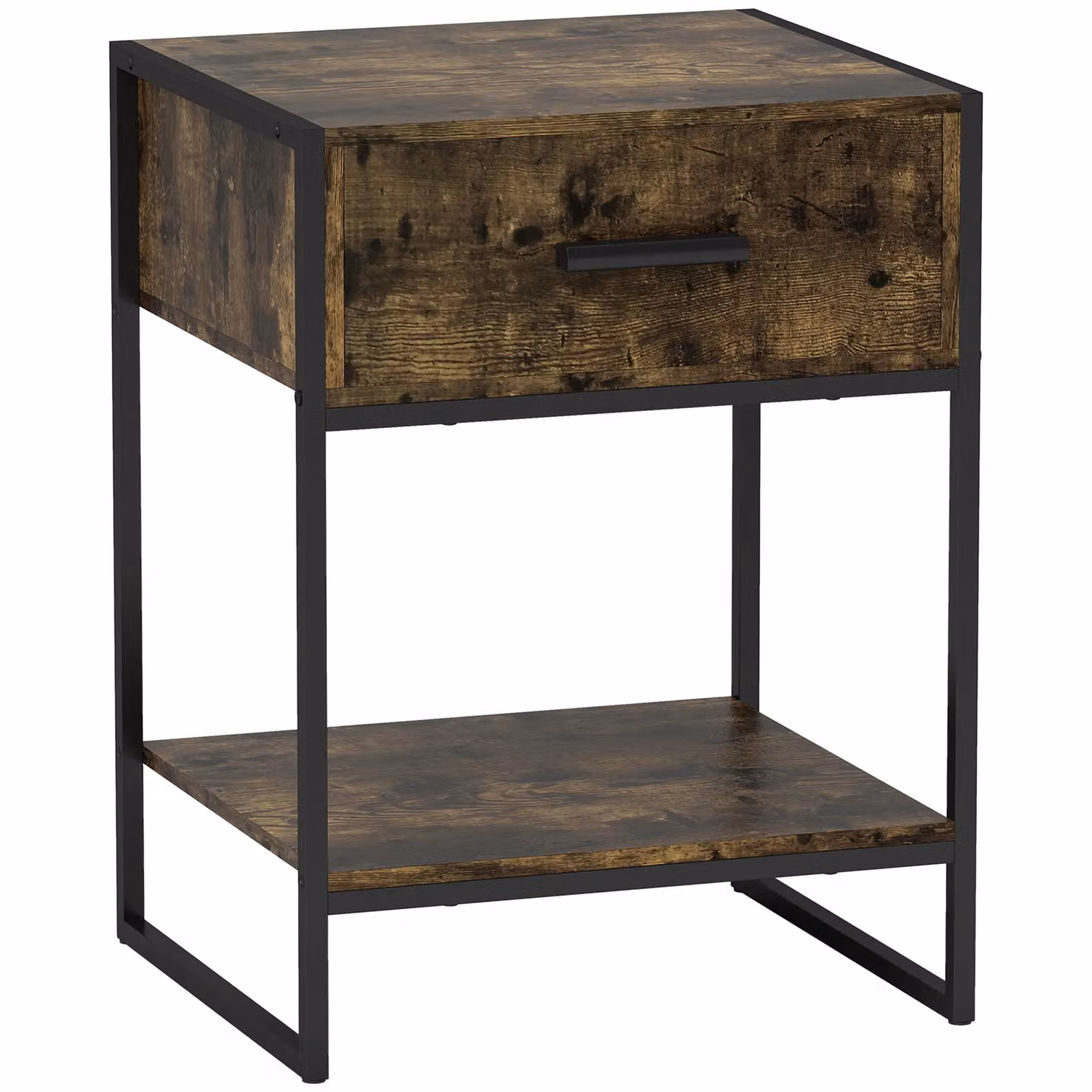 HOMCOM Modern Bedside Table with Drawer and Open Shelf, Brown and Black Metal Frame – 2