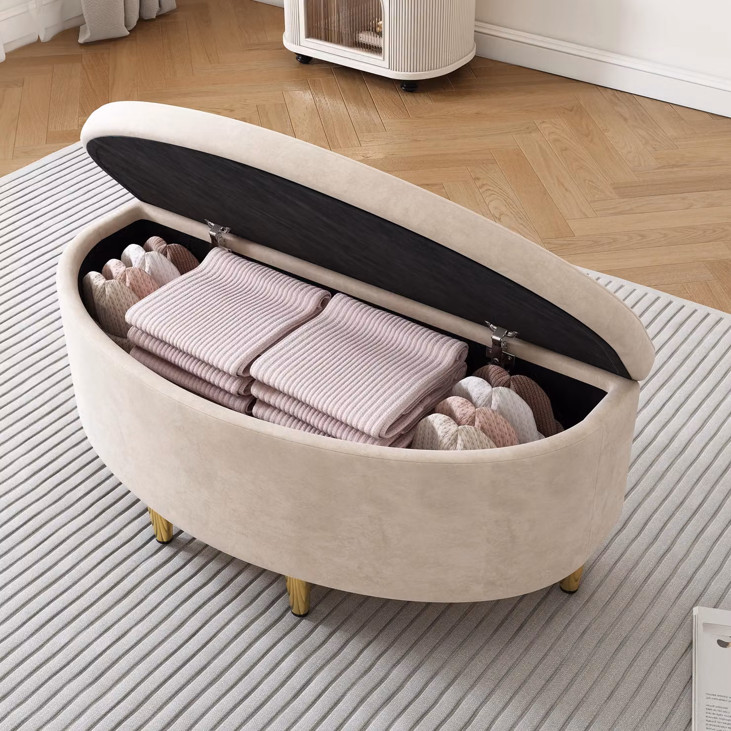 Matteo Beige Velvet Upholstered Single Bed with Storage Bench – 2
