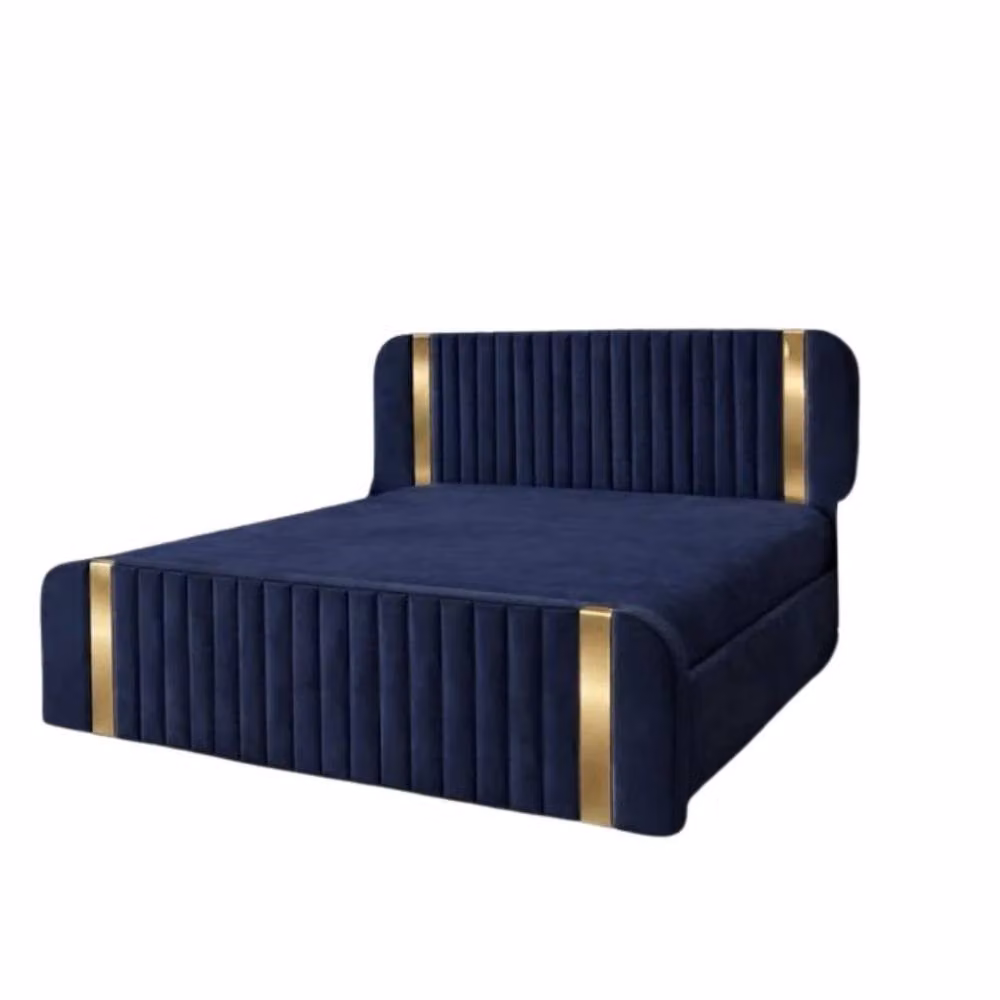 Stratus Interiors Aura Rounded Panel Blue Velvet King Size Bed with Gas Lift Storage and Gold Accents – 2