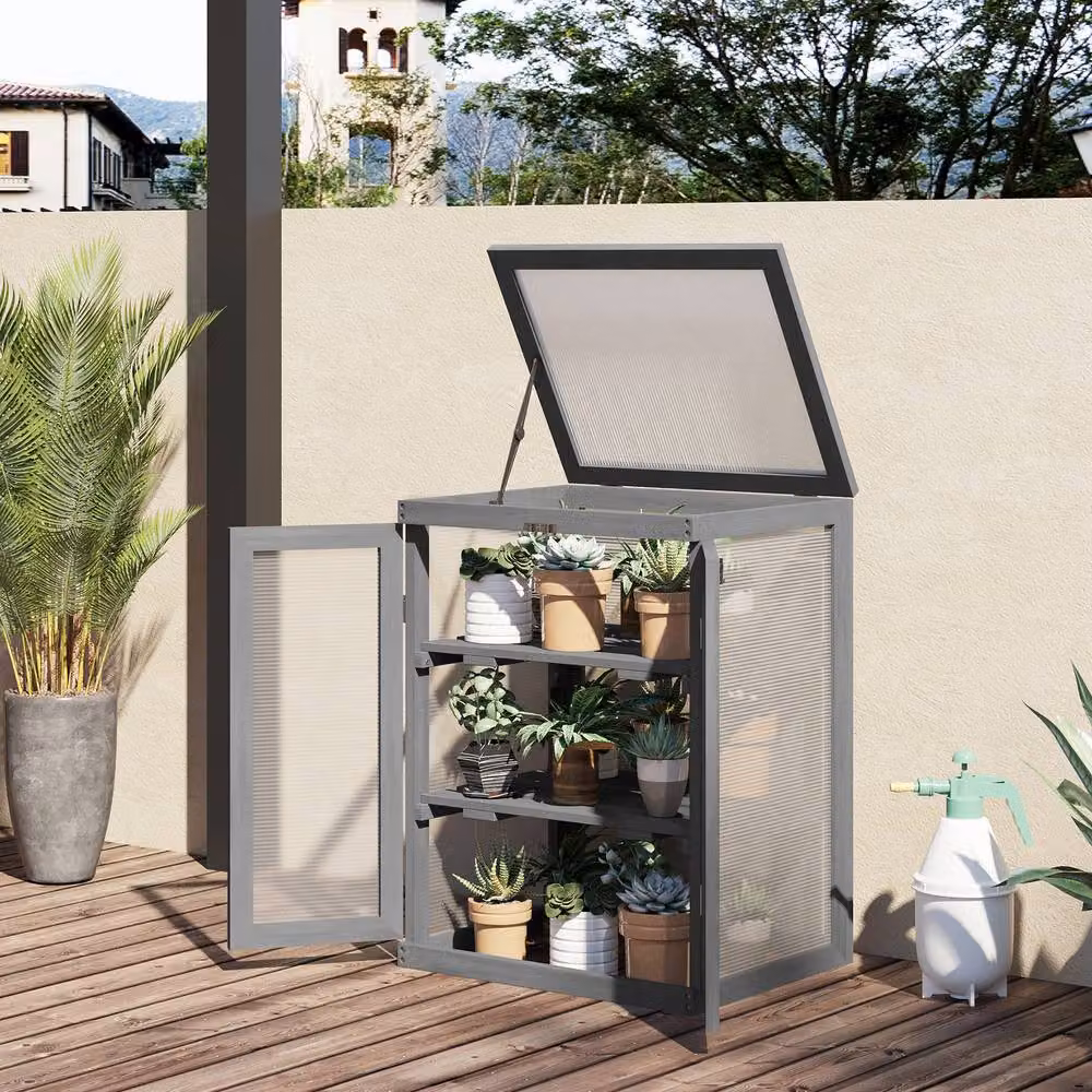 STILVORA Grey Wooden Cold Frame Greenhouse with Shelves and Polycarbonate Panels, W/D/H: 78 x 58 x 44 cm – 2