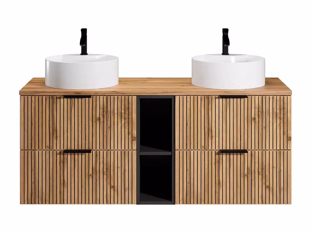 Vente-unique Suspended Grooved Bathroom Vanity Unit with Niches and Double Round Sinks in Black – 2