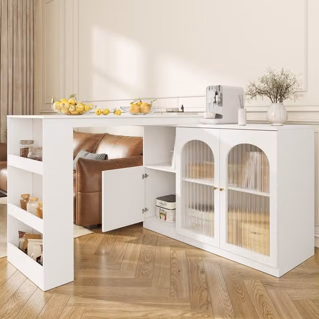 Aosom.UK White 360 Degree Rotating Corner Kitchen Bar Table with Glass Doors and Open Shelves, W: 120 cm, D: 120 cm, H: 97 cm – 1