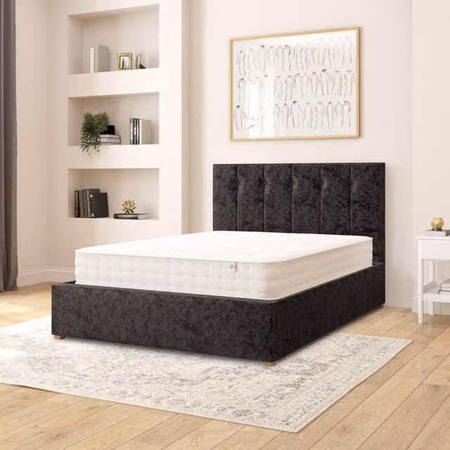 Aspire Hepburn Velvet Fabric Ottoman Storage Bed in Black, W/D/H: 140 x 200 cm