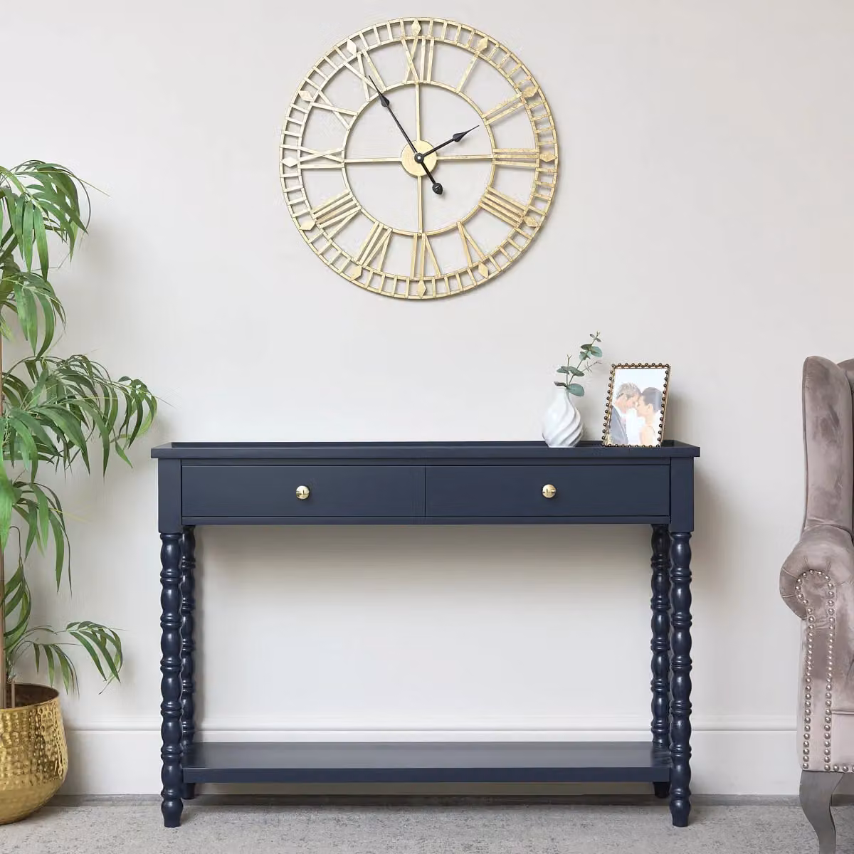 Melody Maison Navy Blue Bobble 2 Drawer Console Table with Gold Details, W: 110 cm, H: 78 cm, D: 78 cm – 2