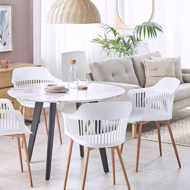 Wyld and Coco Set of 2 White Synthetic Leather Dining Chairs with Open Work Back and Light Wood Finish