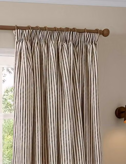 YARD Hebden Striped Pencil Pleat Cotton Curtains, Brown Mix, H 168 cm x W 137 cm