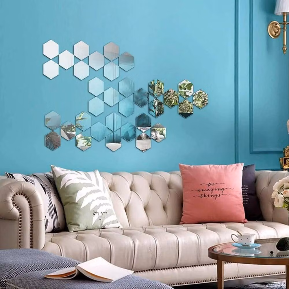 NESTLUNE Large Acrylic Mirror Tile Wall Stickers in Silver, Self-Adhesive Geometric Design, W: 100 cm, H: 15 cm – 2