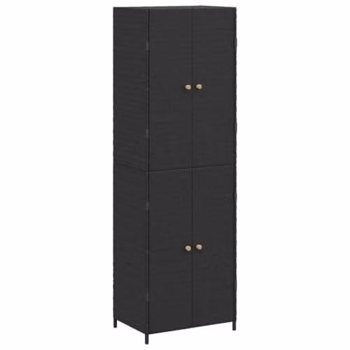 vidaXL Garden Storage Cabinet in Black Poly Rattan with Acacia Wood Details, W/D/H: 180.1 x 39.9 x 58.9 cm