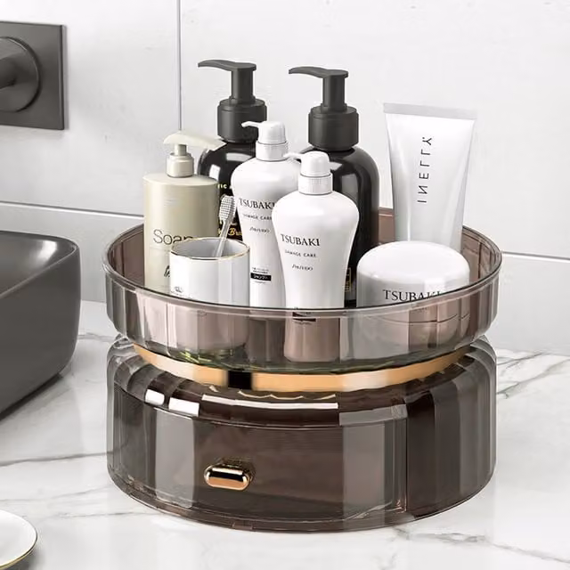 Livingandhome 2-Tier Rotating Swivel Organiser with Drawer in Brown