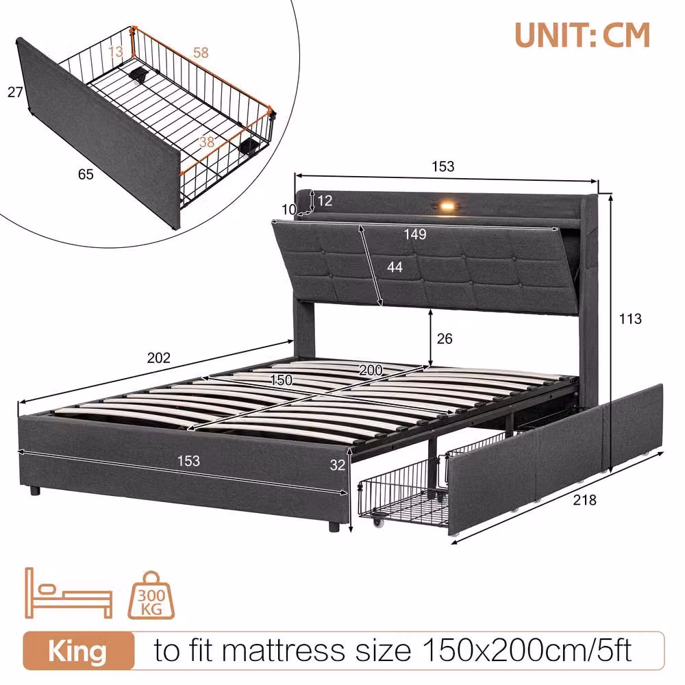 Rolipo Grey Linen Ottoman Bed with LED Under-Bed Lighting and USB Charging Ports, W/D/H: 180 x 200 cm – 8