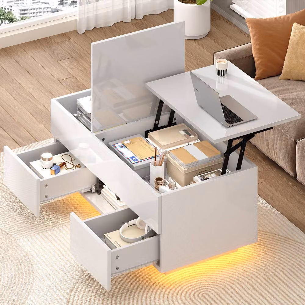 BTM White High Gloss Lift Top Coffee Table with LED Drawers and Rectangular Design W/D/H: 100 x 45 x 45 cm – 2
