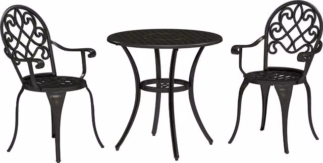 Outsunny 3 Piece Black Powder Coated Aluminium Patio Bistro Set with Round Table and Chairs for Garden, Balcony or Terrace – 1