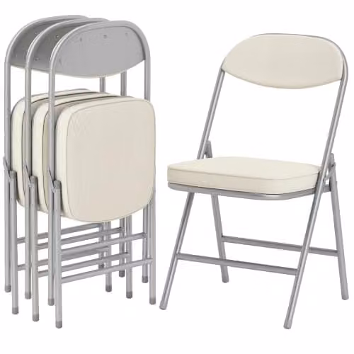 HOMCOM Set of 4 White Fabric Padded Folding Chairs with Metal Frame – 1