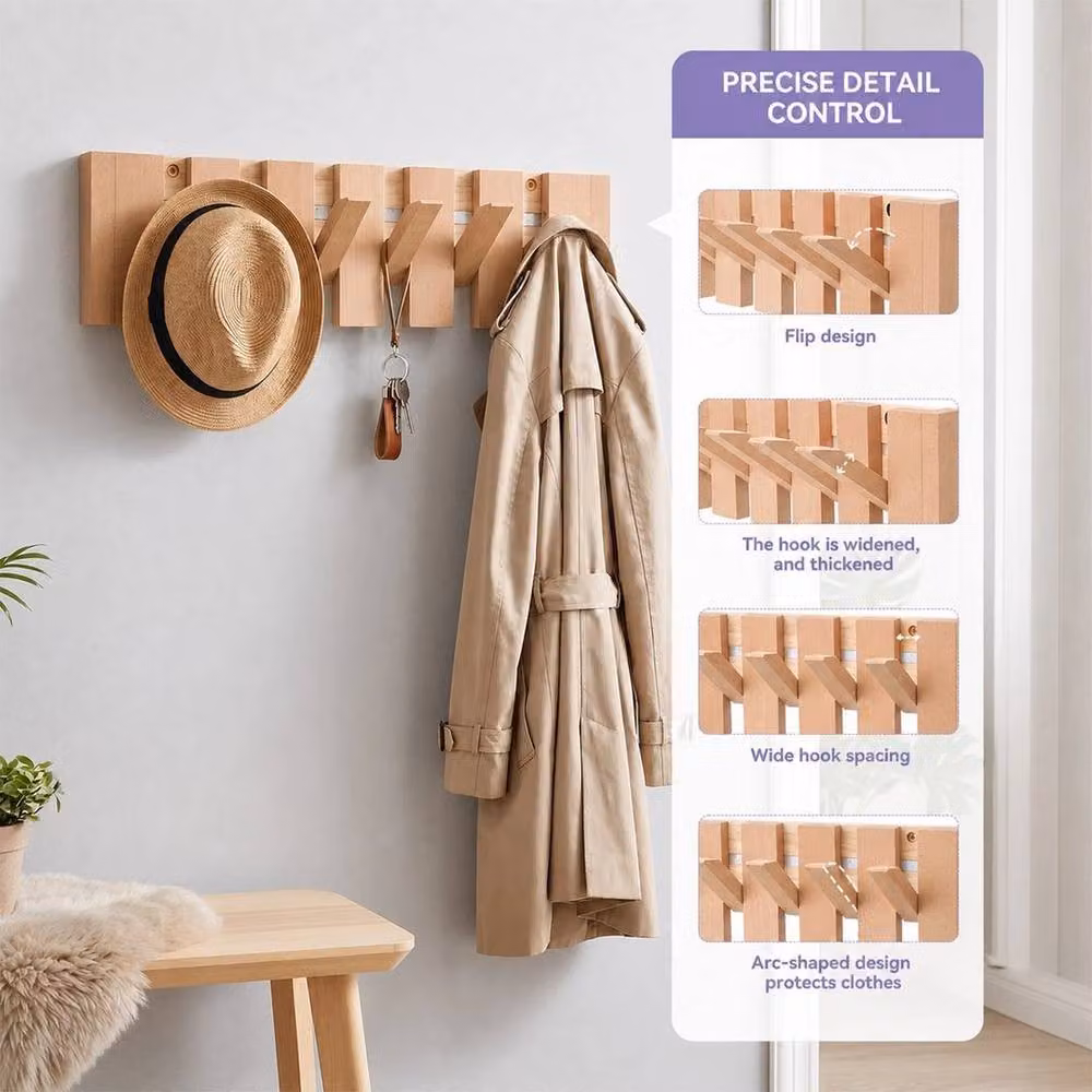KORVIXA Natural Wood Piano Key Coat Hook Rack with 6 Hooks, Brown, W: 90 cm – 3