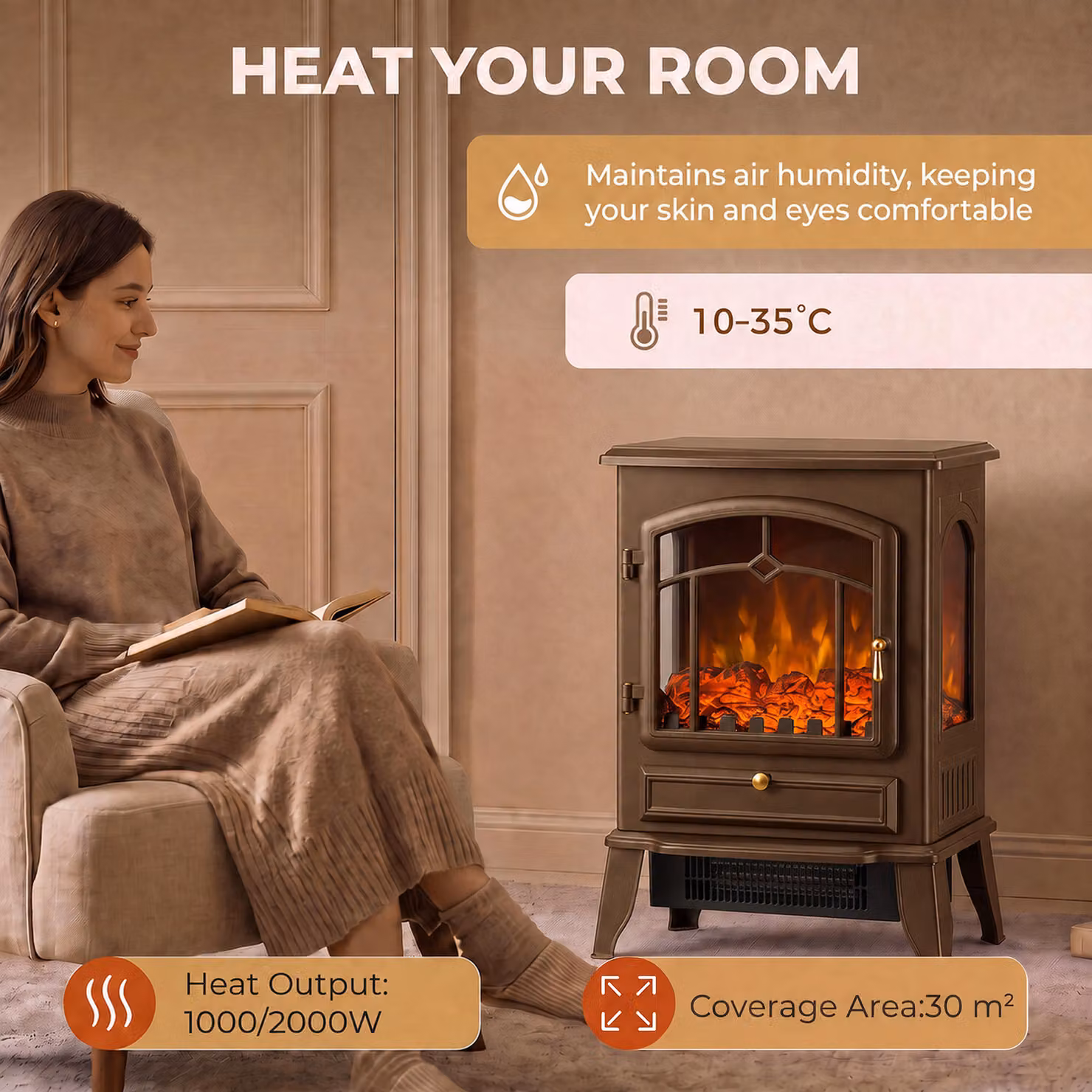 HOMCOM Brown 3-Sided Freestanding Electric Fireplace Stove with 3D Flame Log and Thermostat, 1000/2000W – 6