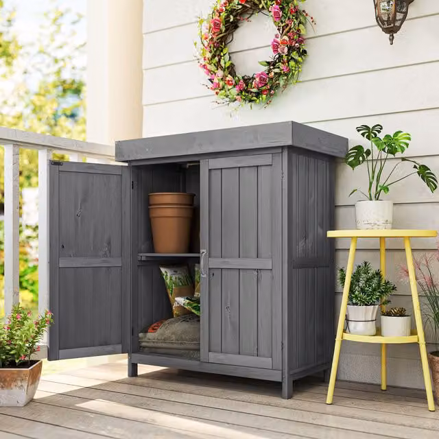 Outsunny Wooden Double Door Garden Storage Shed with Shelving in Grey – 2
