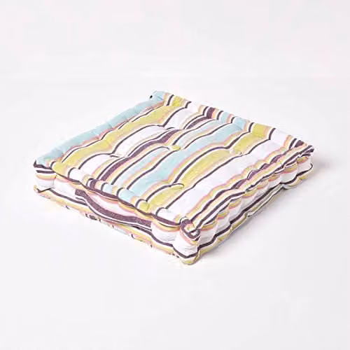 Homescapes Osaka Multi Stripes Square Cotton Floor Cushion, W/D/H: 50 x 50 x 10 cm, Multicolour