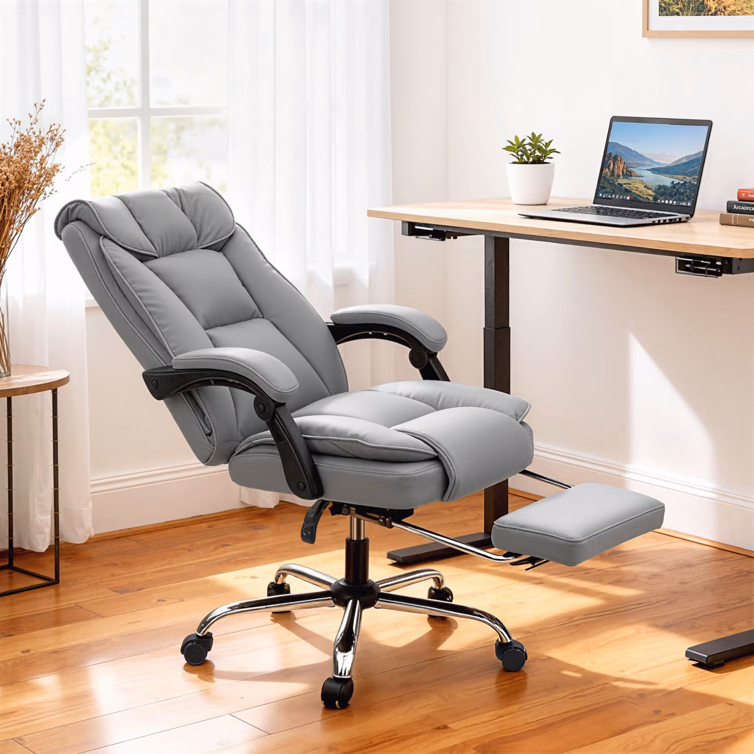 HOMCOM Black and Grey Faux Leather Executive Swivel Office Chair with Headrest and Armrests – 2